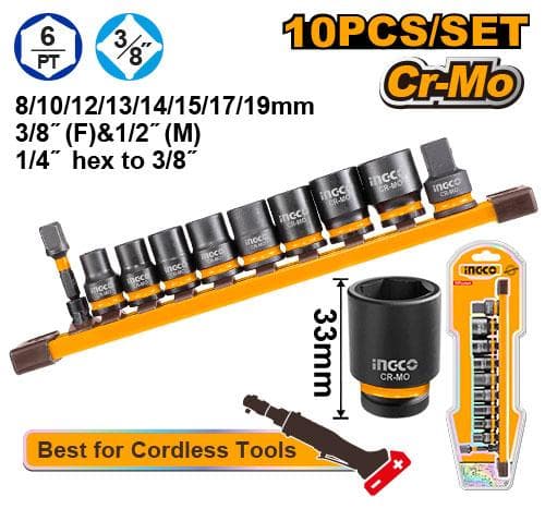 Ingco HKISSD38104 10 Pcs 3/8"dr. Impact Socket Set