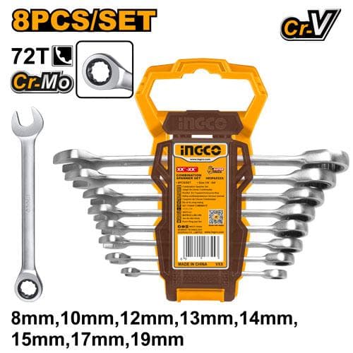 Ingco HKSPAR1082 8 Pcs Ratchet Spanner Set