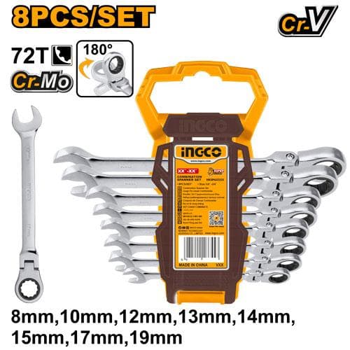 Ingco HKSPAR1083 8 Pcs Flexible Ratchet Spanner Set
