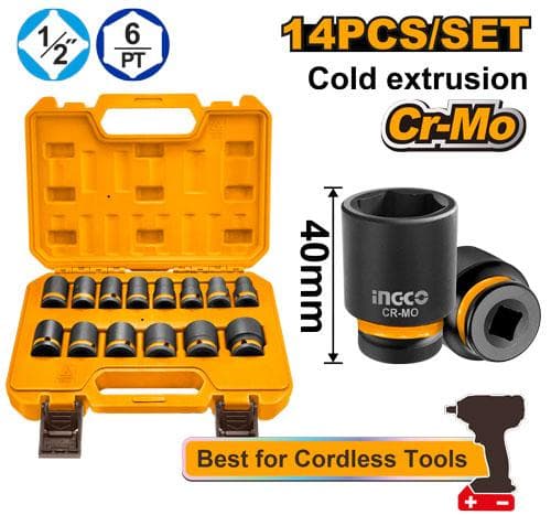 Ingco HKISSD12141 14 Pcs 1/2"dr. Impact Socket Set