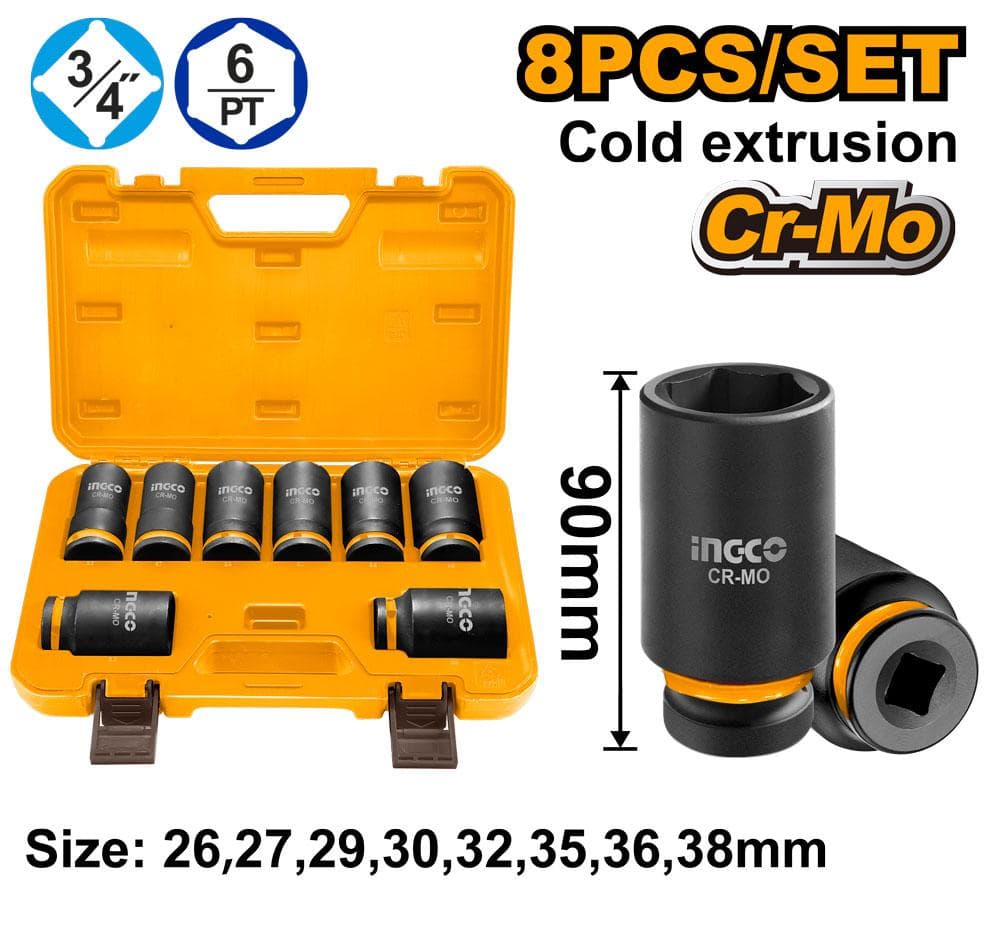 Ingco HKISSD34082L 8 Pcs 3/4"dr. Deep Impact Socket Set
