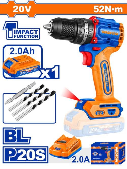Wadfow WCDP5282 Compact Brushless Cordless Impact Plastic Chuck Drill